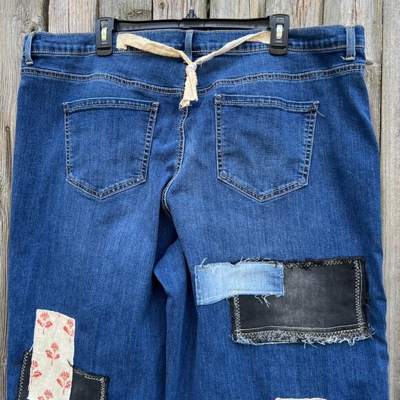 Upcycled Reworked Patched Hippie Boho Distressed Wide Leg Jeans size 20W - Picture 10 of 14